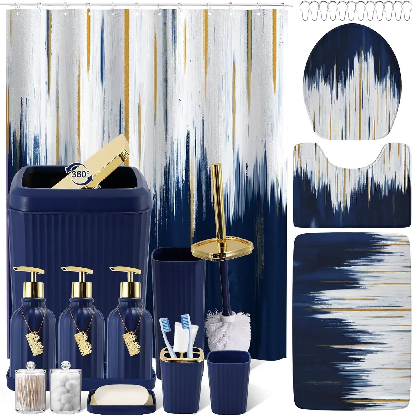 32-Piece Navy Blue Bathroom Set with Non-Slip Rugs, Waterproof Shower Curtain, and Accessories