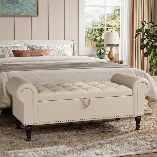 Storage Ottoman Bench for Bedroom, 51" Upholstered Bedroom Bench with Rolled Arms and Vintage Rivets, Large Storage Chest