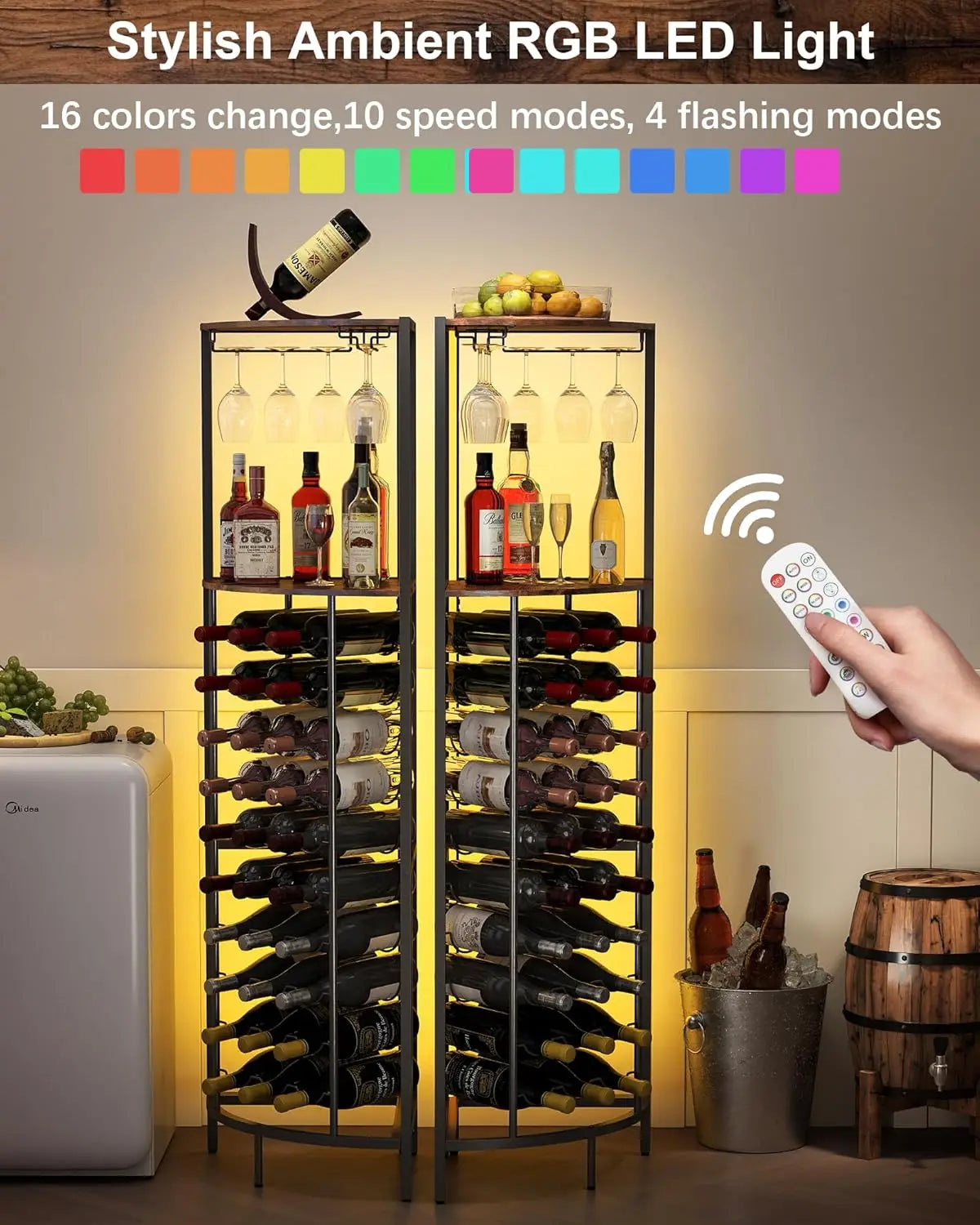30-Bottle Corner Wine Cabinet with LED Lights, Glass Rack for Home Bar in Living Room Kitchen