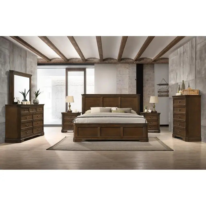 Traditional Wood Panel King Bed Set with Dresser, Mirror, 2 Nightstands & Chest - 6 Pieces