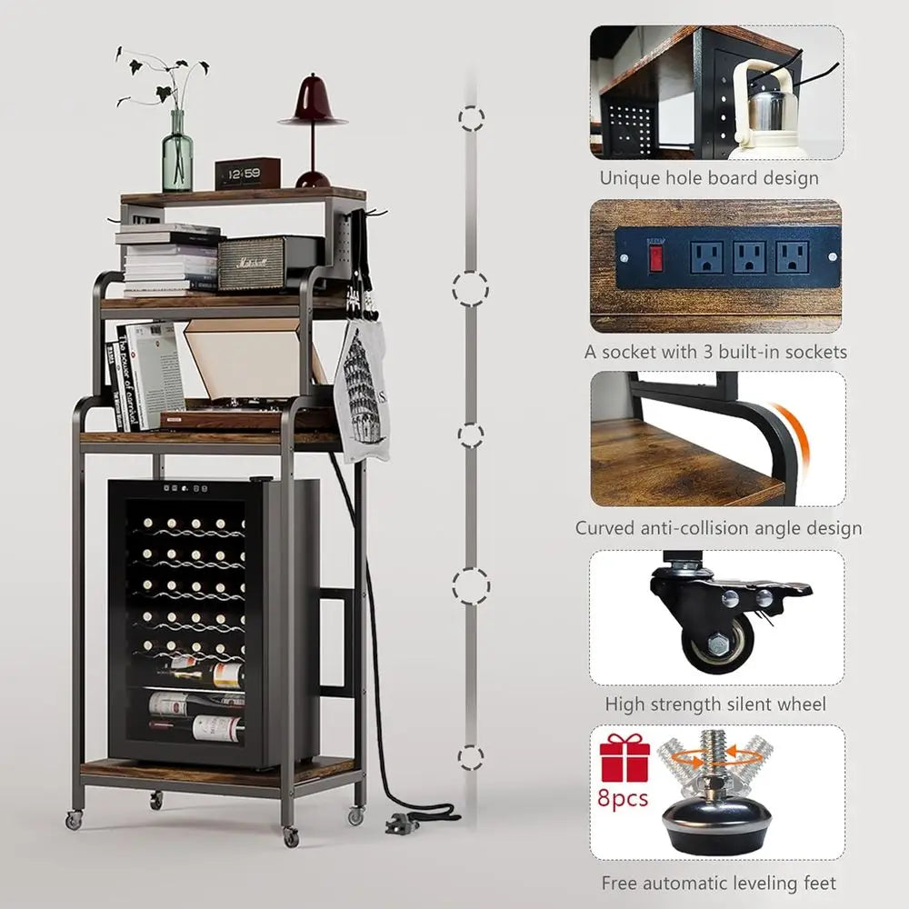 4-Tier Mini ridge Stand with Storage,Mini ridge Cabinet with Power Outlet,Pegboard,Bakers Rack with Storage Shel,Microwave Oven