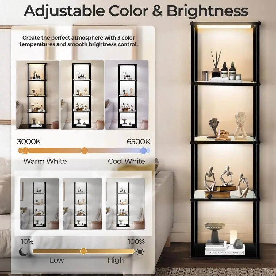 Display Shelf Floor Lamp, Dimmable LED lamp with 3 Color Temperatures, Sturdy Glass Curio Cabinet Bookcase with Remote Control,