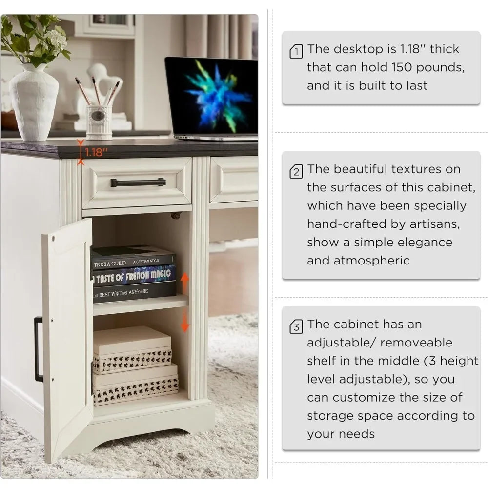 58" Executive Desk, Farmhouse Computer Desk with Drawers and Cabinet, Embossed Texture Home Office Desk, Workspace