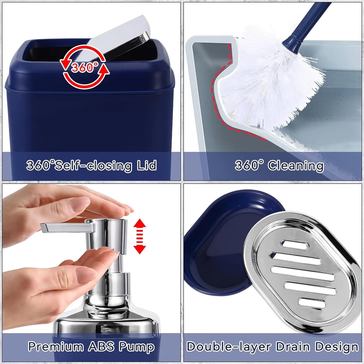 24-Piece Navy Blue Bathroom Set with Ombre Shower Curtain and Absorbent Rugs, Includes Trash Can and Accessories