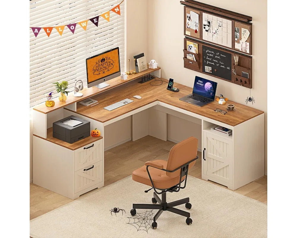 63" L-Shaped Corner Computer Desk with Drawers, Storage Shelf, Power Outlets and Monitor Stand, Antique White