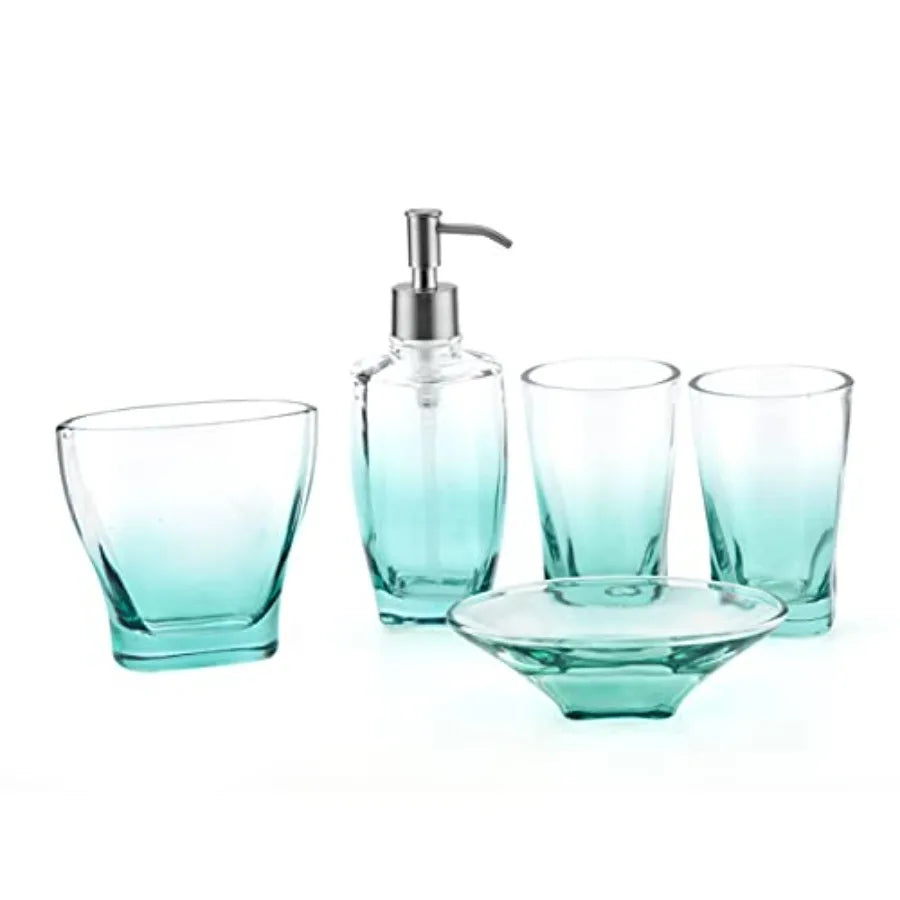 Teal Glass Bathroom Accessories Set 5 Pieces Green Bathroom Set with Soap Dispenser Toothbrush Holder 2 Tumbler Cups Soap Dish