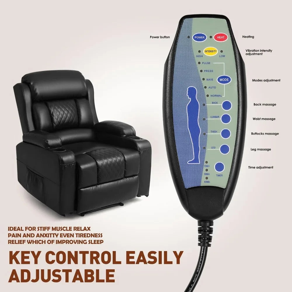 PU Leather Massage Recliner Chair With Heat And Cup Holders