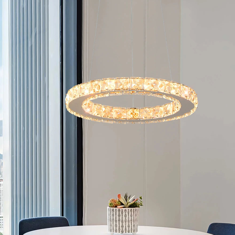 Modern Led  Pendant Light Luxury Crystal Rings Dimmable Chandelier Hanging Lustre Ceiling Lamp Living Dining Room Decor Fixture