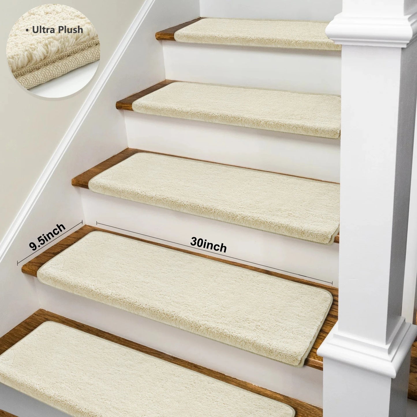 Bullnose Non-Slip Stair Treads -Ultra Plush- Washable Self-Adhesive Carpet Mats, Safety for Elderly & Pets, Peel & Stick Decor