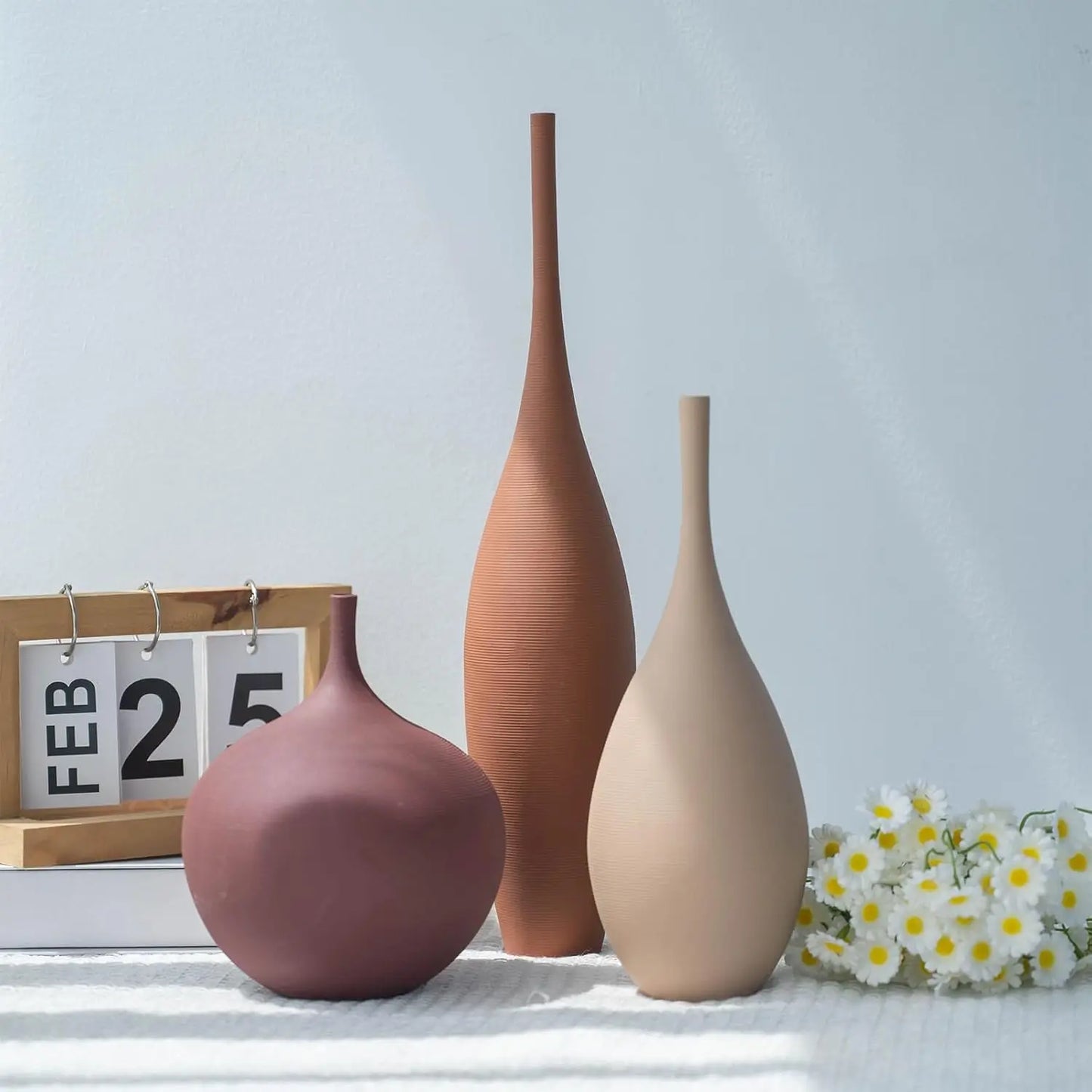 Set of 3 Modern Ceramic Vases, Farmhouse Minimalist Decor for Home Centerpieces in Brown Khaki Red