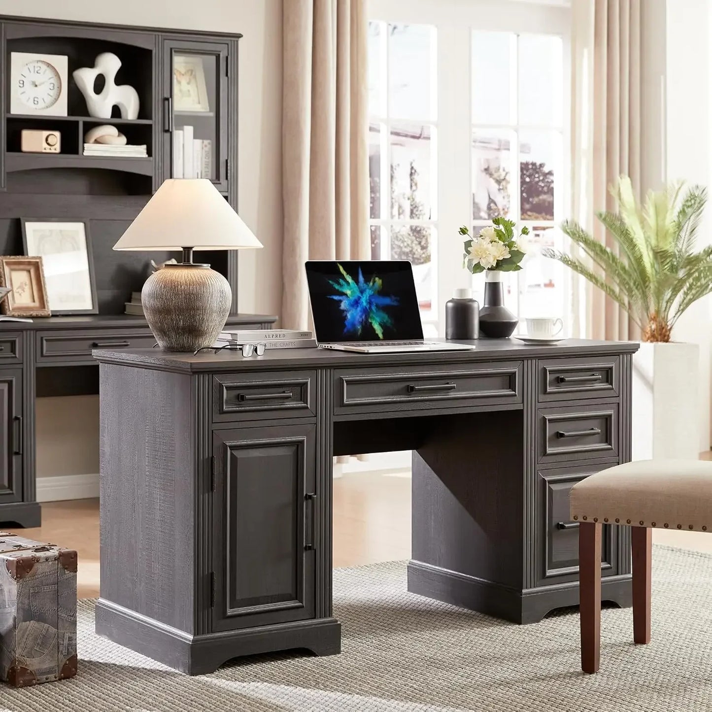 58" Executive Desk, Farmhouse Computer Desk with Drawers and Cabinet, Embossed Texture Home Office Desk, Workspace
