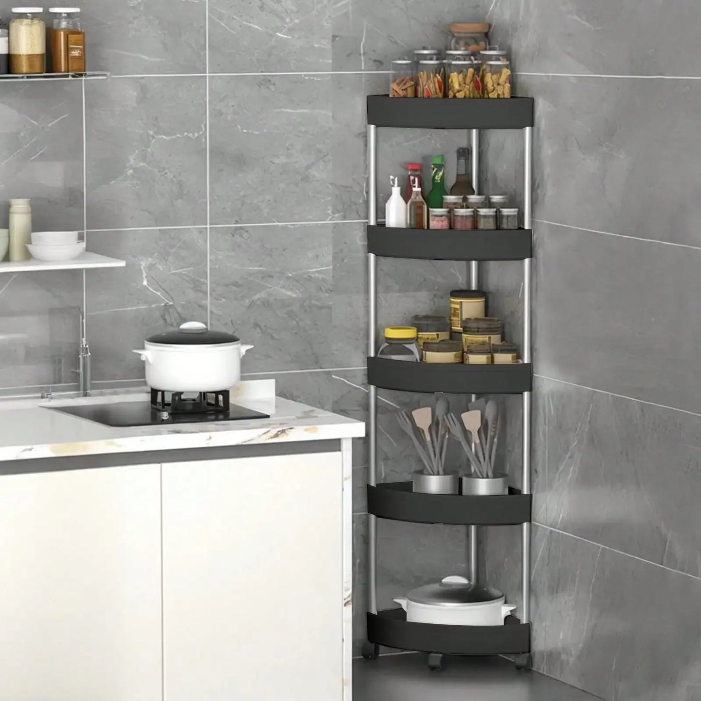 Bathroom Corner Storage Shelf Organizer With Detachable 5 Tiers Rolling Wheels And Drainage Holes