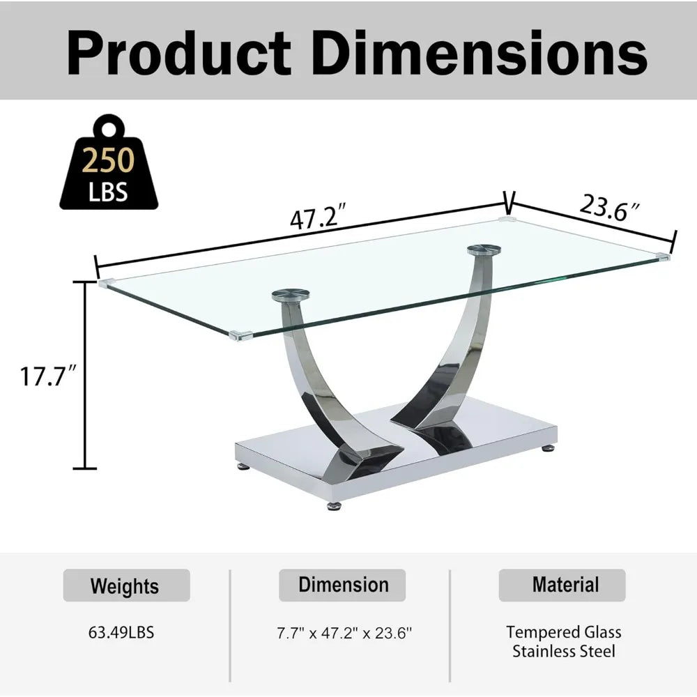 47" Clear Glass Coffee Table, Modern Silver Mirror Coffee Table with U-Shape Stainless Steel Legs, Tea Table, Luxury Rectangle C