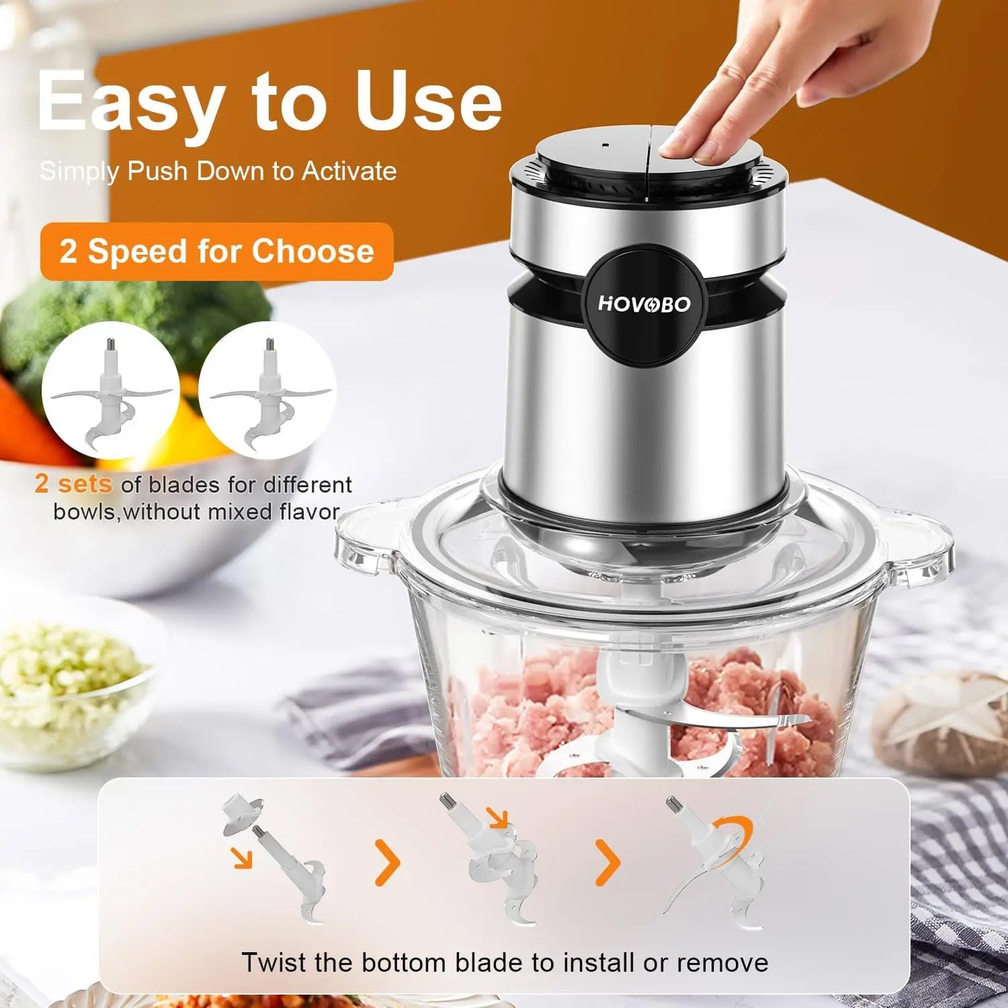 Food Processor, 500W Electric Food Chopper with 2 Bowls (8 Cup+8 Cup) & 2 Bi-Level Blades&, Small Electric Grinder Meat Processo